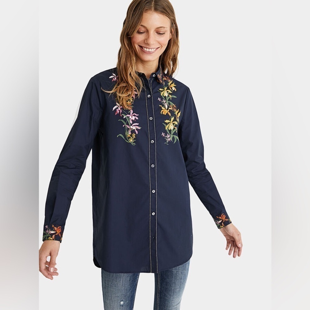 Desigual Women Vailina Floral Cotton Botton Down Shirt - Navy Blue - M Medium